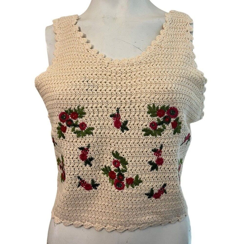 Ladies Large Natural Floral Crochet Crop Top Boho Embroidered Sweater Tank Top